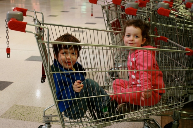 kids in shopping trolley